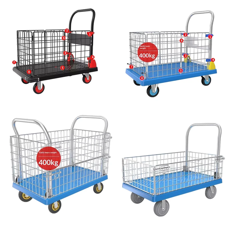 Portable Folding Four Wheel Platform Flatbed Truck with Fence Household Moving Cart Foldable Hand Trolley for Parcel Delivery
