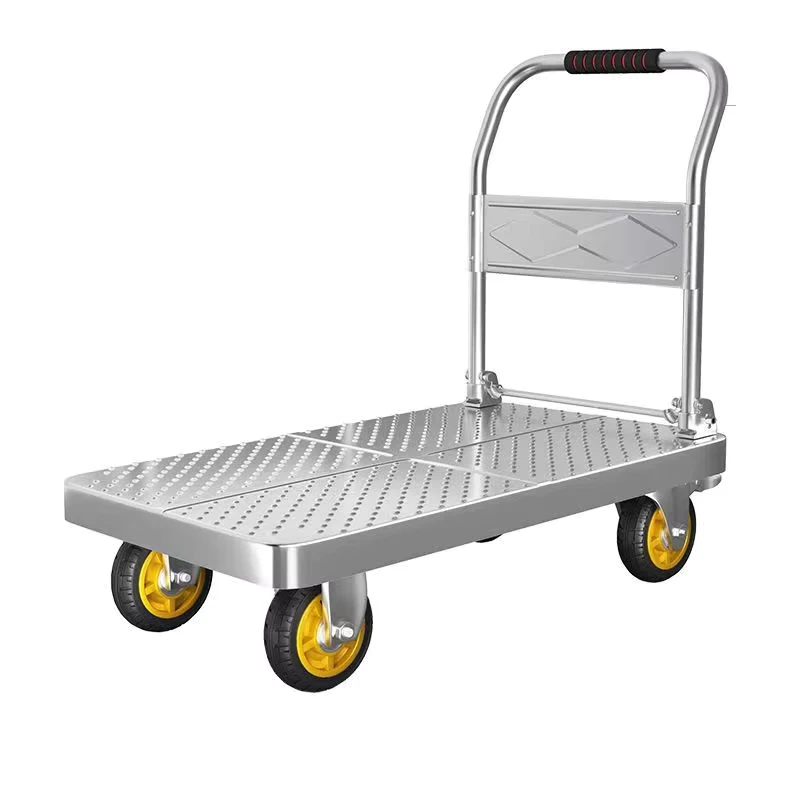 Portable Four Wheel Platform Steel Plate Flatbed Tray Small Household Cargo Trolley Thickened Silent Trailer Foldable