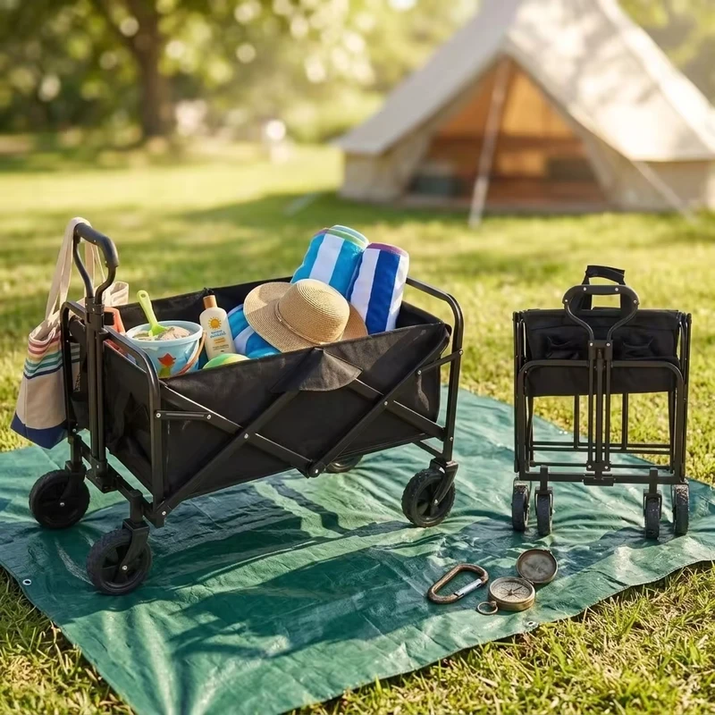 Portable Garden Foldable Sturdy Steel Frame Mesh Four-wheel Cart OEM Picnic Camping Folding Wagon