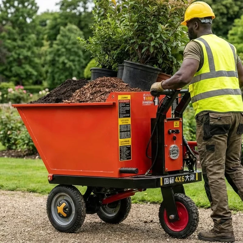 Portable High Load 500kg Electric Dump Hopper Rechargeable 3-Wheel Hand Push Cart for Engineering Projects and Landscaping