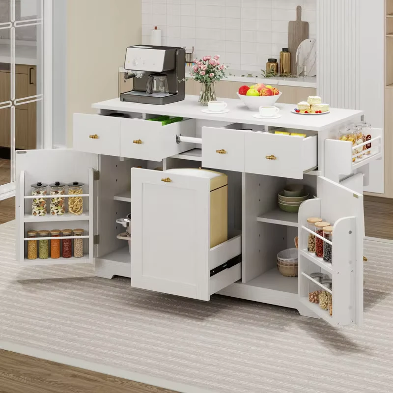 Portable Kitchen Cart Islands Table Drawer Hidden Storage Rolling Kitchen Cabinets with 10 Gallon Garbage Bin