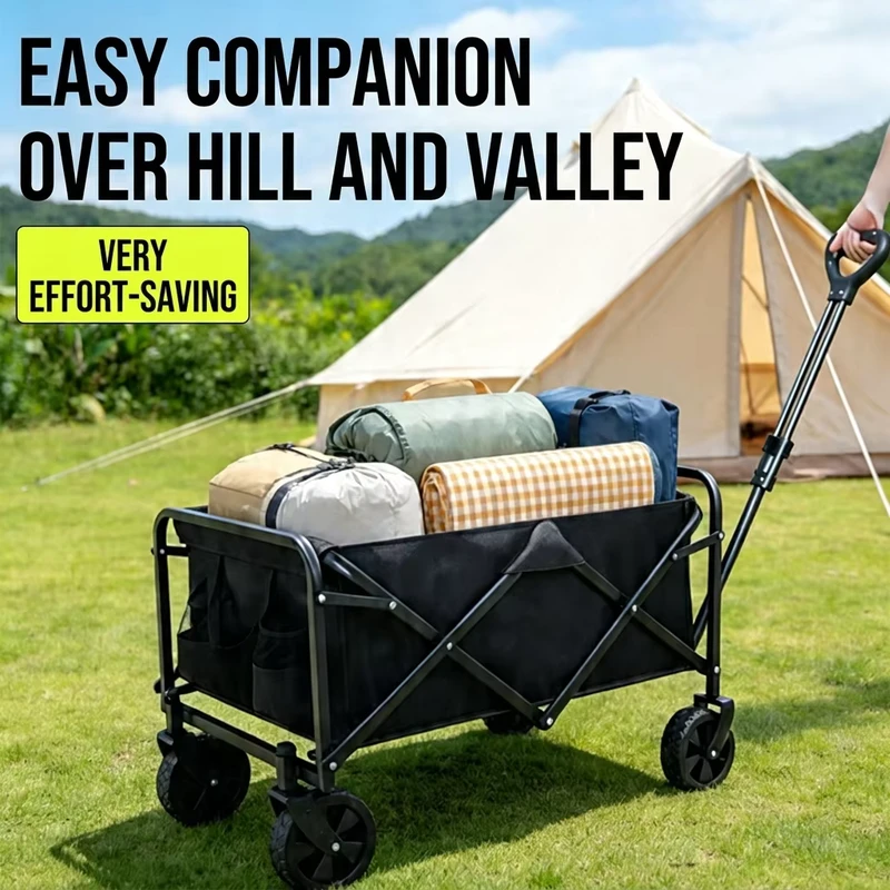 Portable Lightweight Folding Camping Wagon 75x45cm Compact Collapsible Cart Push Pull Handle 0 90°
