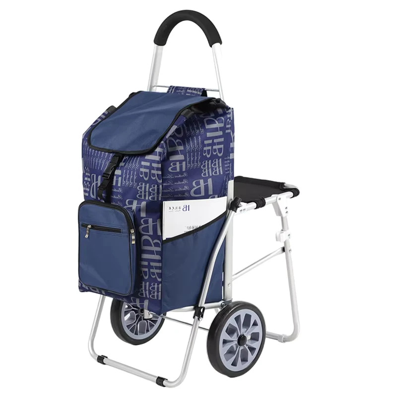 Portable Metal Shopping Cart Seat Stool Small Household Trolley with Comfortable Chair Trailer for Elderly People Stair Climbing