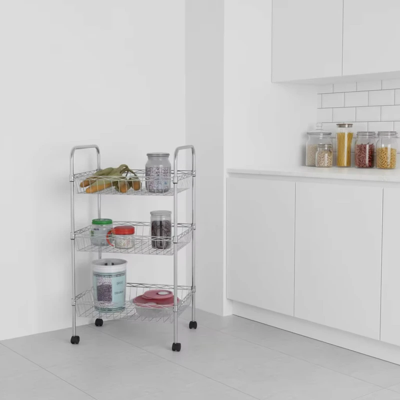 Portable Metal Wire Rolling Cart Modern Standing Type Storage Trolley for Dinnerware Cleaning Tools Food Items