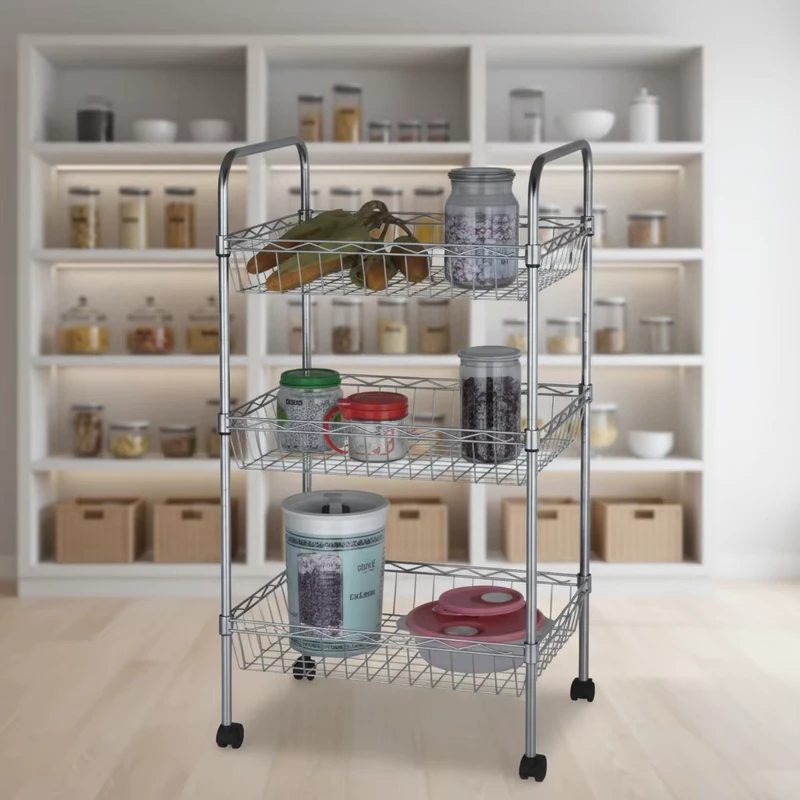 Portable Metal Wire Rolling Cart Storage Trolley for Dinnerware and Cleaning Tools for Household Items