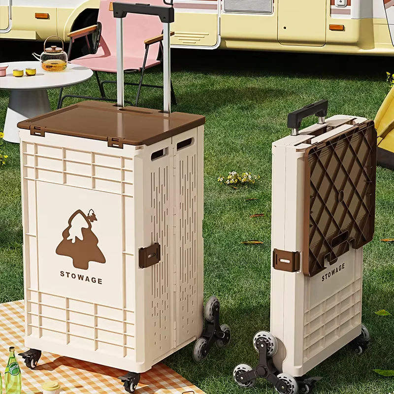 Portable Outdoor Folding Cart Plastic Storage Trolley With All-Terrain Wheels Pull Handle Foldable Design For Picnic