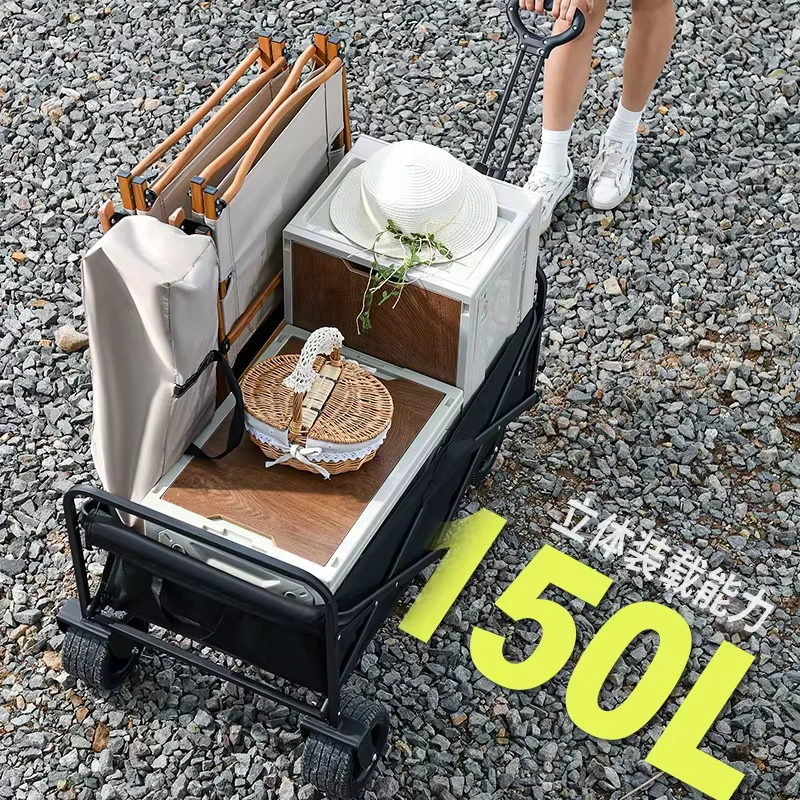 Portable Stainless Steel Four Wheel Outdoor Camping Cart with Reclining Large Platform Foldable Mobile Stall for Children