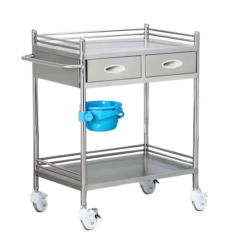 Portable Stainless Steel Hospital Trolley with Silent Wheels and Drawer