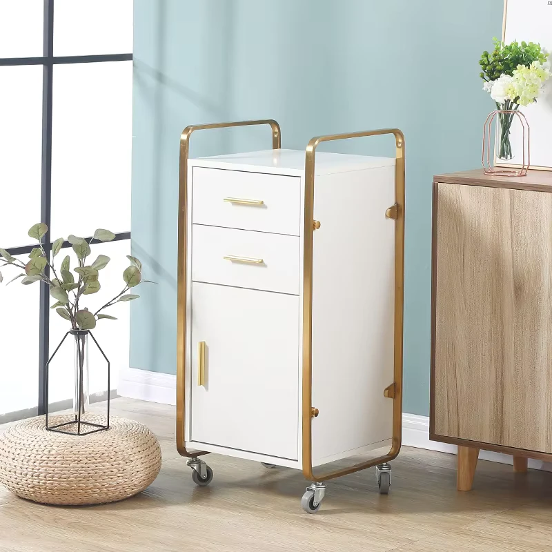 Portable Wooden Beauty Trolley Trolly Cart Golden Table Corner Nail Table With Three Storage Cabinets and Drawer Salon Trolley