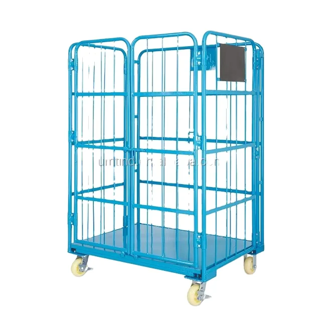 Powder Coated Steel Roll Cage Trolley Foldable Wire Roll Container with Door