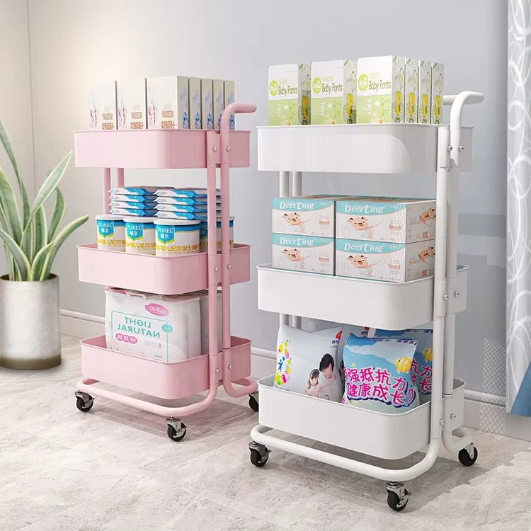 Practical 3 Tier 4 Wheel Metal Hair Salon Makeup Cosmetic Organizer Trolley High Load Bearing Capacity Modern Design Storage