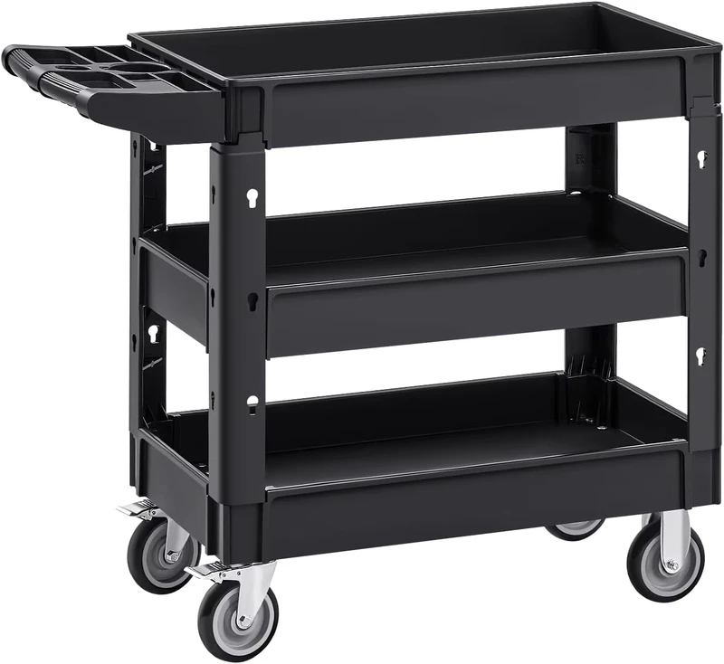 Practical Heavy Duty Industrial Warehouse Service Cart with 3 Layer Plastic Shelves and Four Rolling Wheels