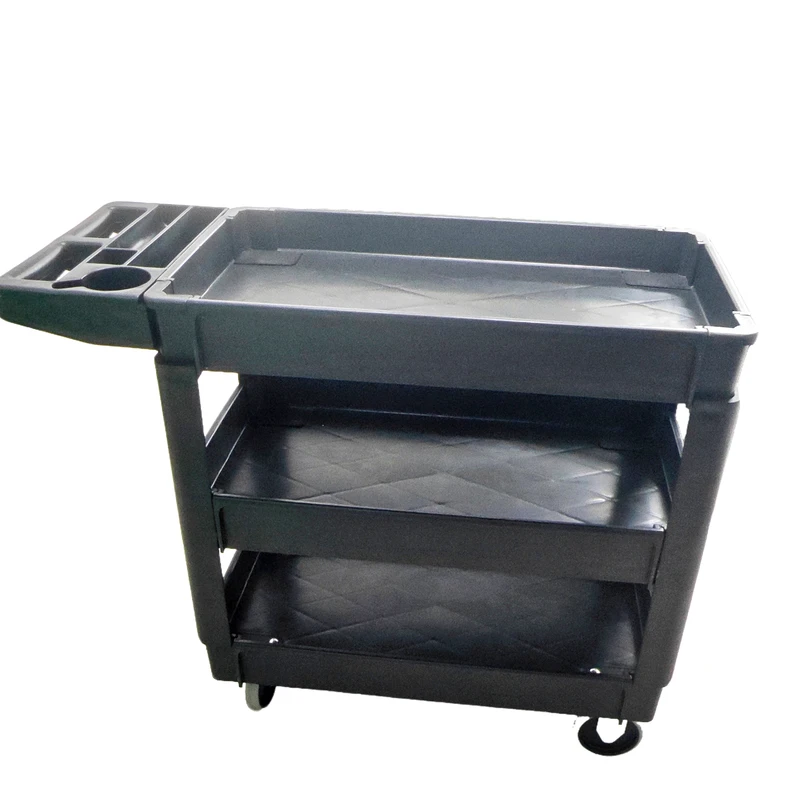 Practical Service Cart Heavy Duty Industrial Warehouse 3 Layer Plastic Shelf Four Rolling Wheels Hand Push Handle OEM