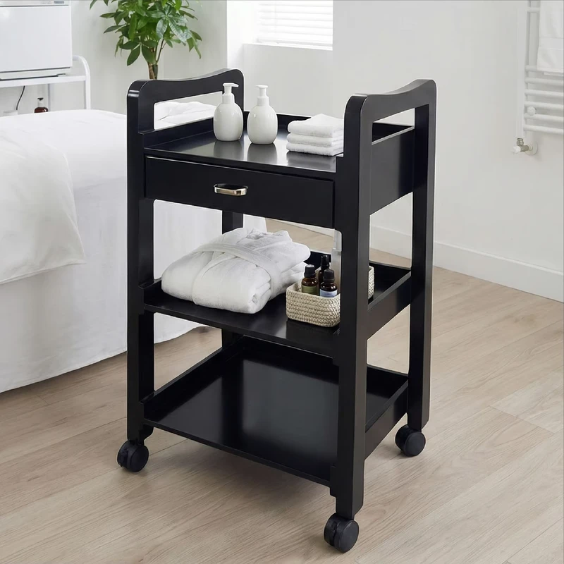Professional 3 Tier Black Mobile Spa Trolley Rolling Beauty Salon Cart with Drawer