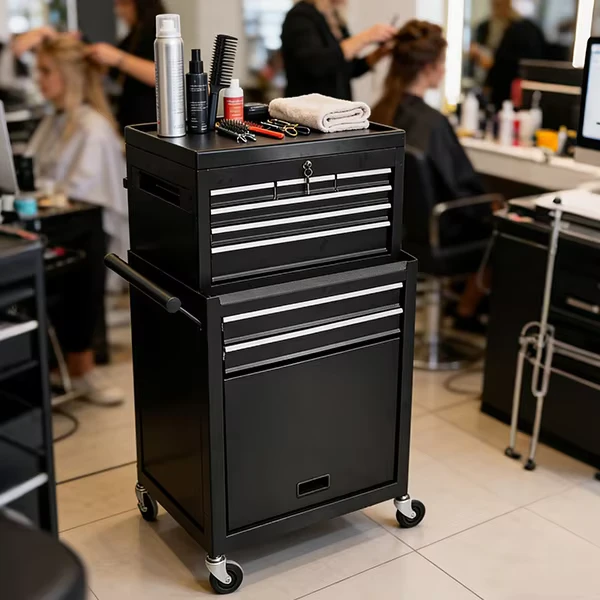 Professional Barber Supply Black Hair Stylist Trolley Metal 360 Rotation Salon Tools Trolley with Wheels Hairstylist Cart