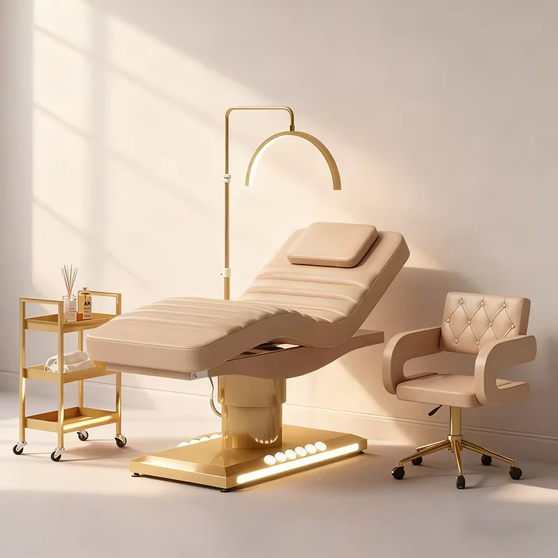 Professional Beauty Salon Furniture 3 Motors Electric Facial Spa Bed Luxury Modern Curved Massage Table with Lights and Trolley