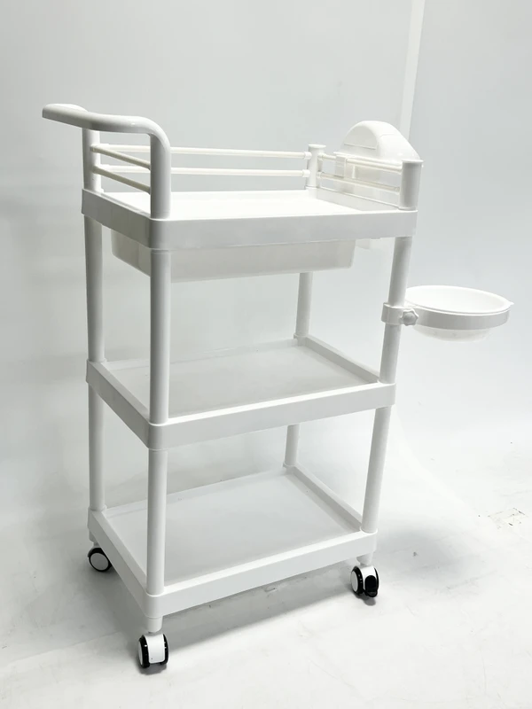 Professional Beauty Salon Trolley Plastic Material White Pink Color Movable Spa Trolley with Wheels for Salon Furniture