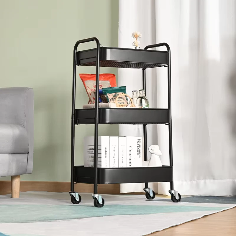 Professional Design Metal Rolling Utility Shelf Storage Cart 3 Tier No Screw Mesh Basket Storage Rack Trolley