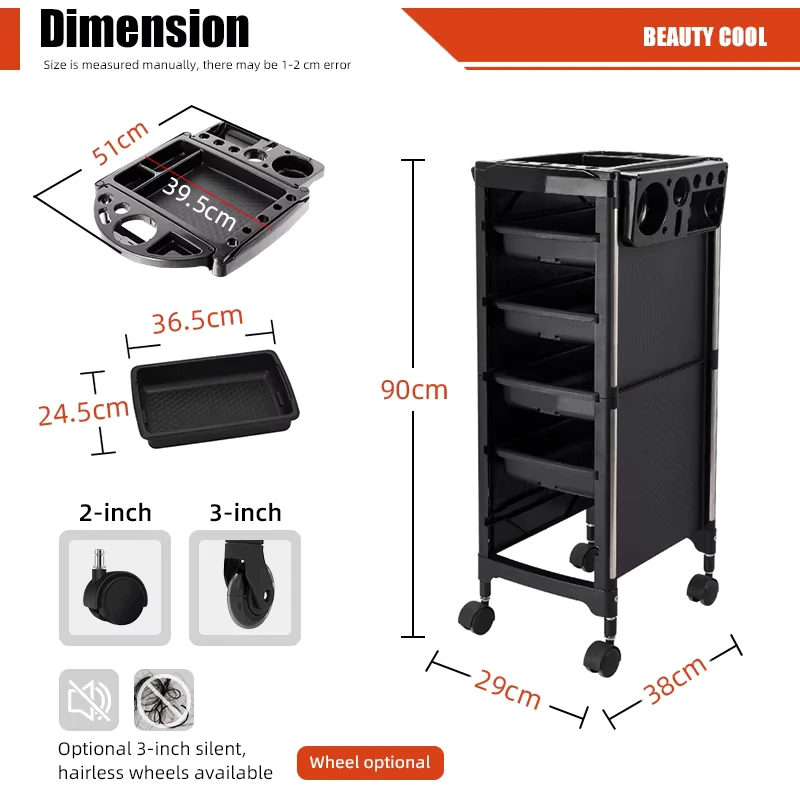 Professional Extra Metal Storage Rack Black Salon Rolling Cart with Drawer Beauty Salon Trolley