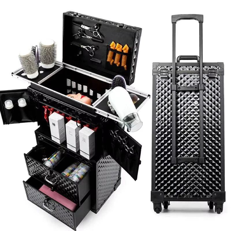 Professional Hair Stylist Beauty Station Large Capacity Rolling Train Case Cover Hairdryer Holder Cosmetic Trolley Organizer