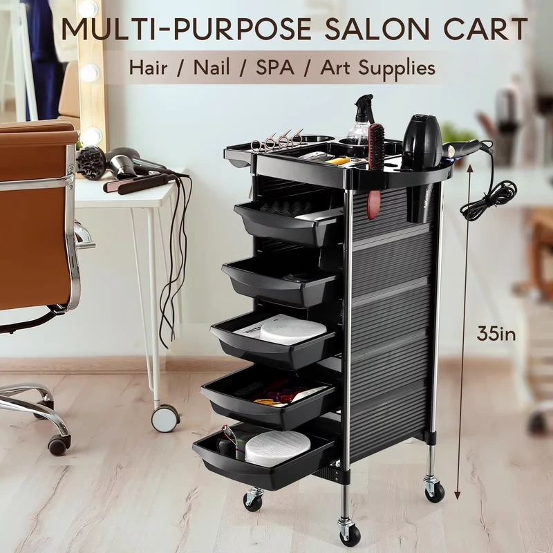 Professional Hairdressing Trolley Black Rolling Salon Cart with Drawers and Wheels Mobile Beauty Organizer for Hair Stylists