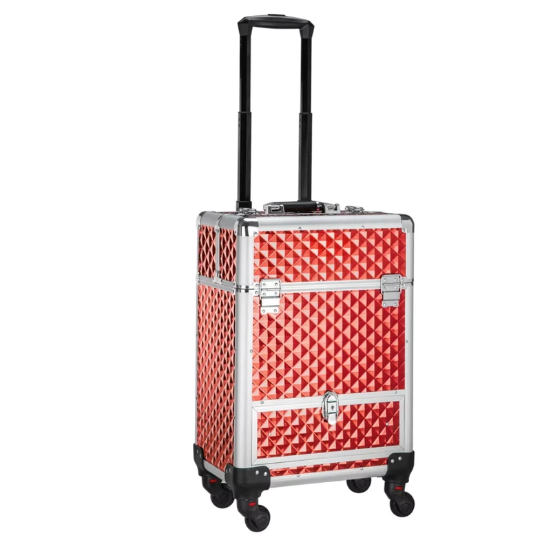 Professional Lady Aluminum Rolling Train Makeup Case Open Closure Nail Salon Use Candy Pattern Customizable Red Black