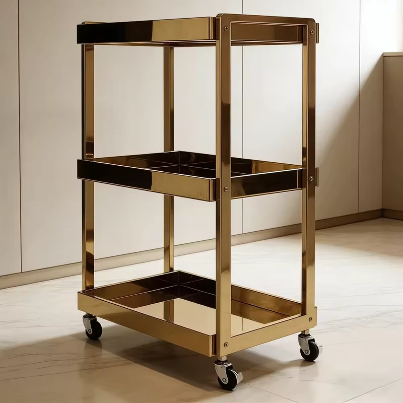 Professional Mobile Salon Trolley Gold Beauty Cart Multifunctional Hair Barber Tool