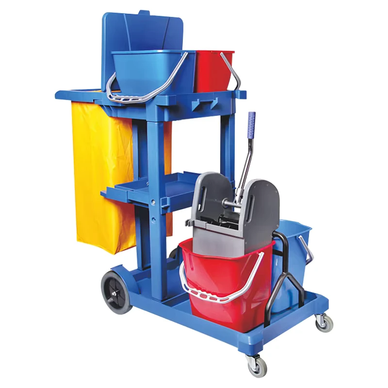 Professional Multifunctional Heavy Duty 4 Wheel Plastic Cleaning Cart Janitorial Service Trolley 400 lb Capacity for Hotel