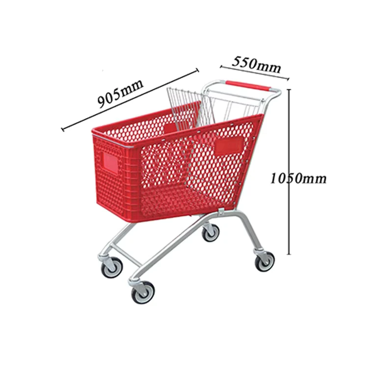 Professional Plastic Shopping Trolley 4 Wheel Supermarket Grocery Cart for Commercial Use