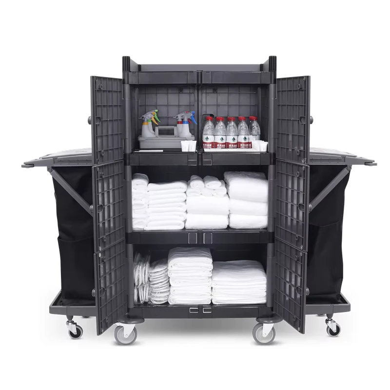 Professional Pp Plastic Housekeeping Trolley Janitor Cart Hotel Room Attendant Maid Service Housekeeping Cart