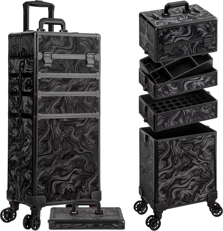 Professional Rolling Aluminum Makeup Case Durable 5 in 1 Cosmetology Trolley Box for Hairstylist Artist Nail Beauty Salon Barber