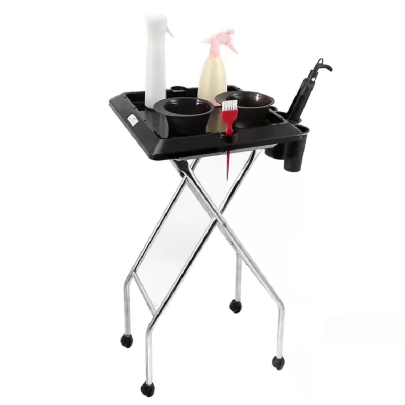 Professional Salon Folding Tray on Wheels Rolling Storage Trolley Service Cart Holder for Barber Shop Hair Coloring Tattoo
