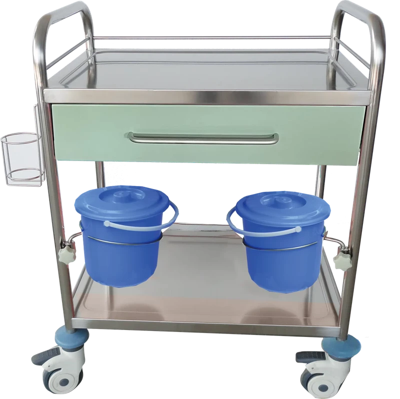 Professional Stainless Steel Medical Treatment Trolley with Drawer and Double Waste Bins for Hospital Nursing Cart