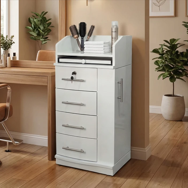 Professional White Salon Cabinet Barber Shop Storage Station Trolley with Lockable Drawers