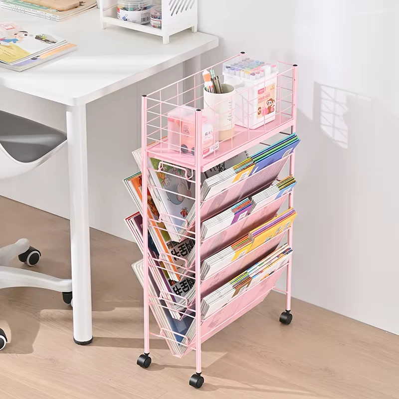 Promotional Multi Layer Mobile Bookshelf Cart Book Holder Organizing Rack Vertical Magazine Home Storage Trolley