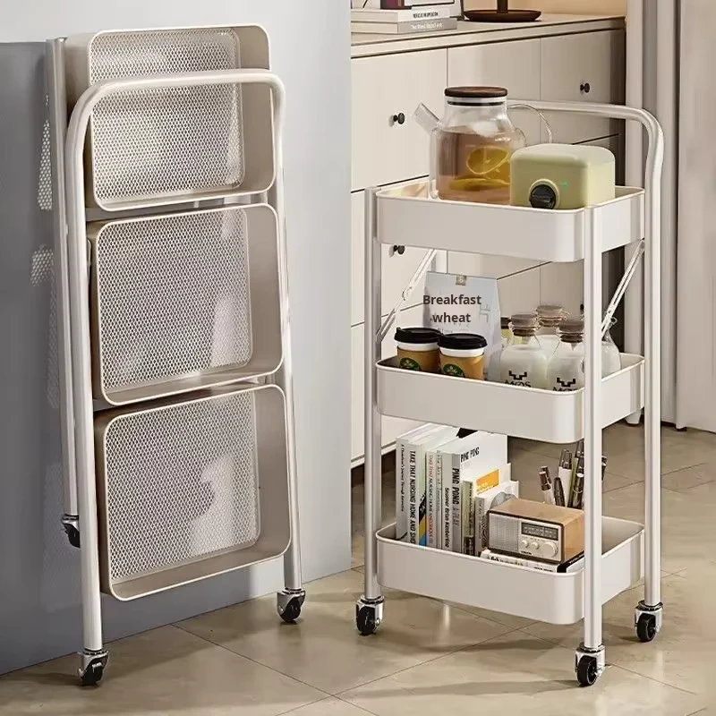Protection Food Trolley Carts 3 Tier Foldable Metal Storage Utility Kitchen Cart
