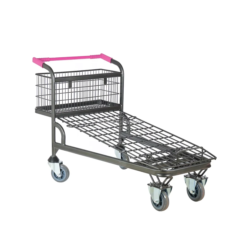 Puheton Mesh Structure Black 500KGS Four-Wheel Folding Steel Shopping Cart Supermarket & Warehouse Cash & Carry Trolley