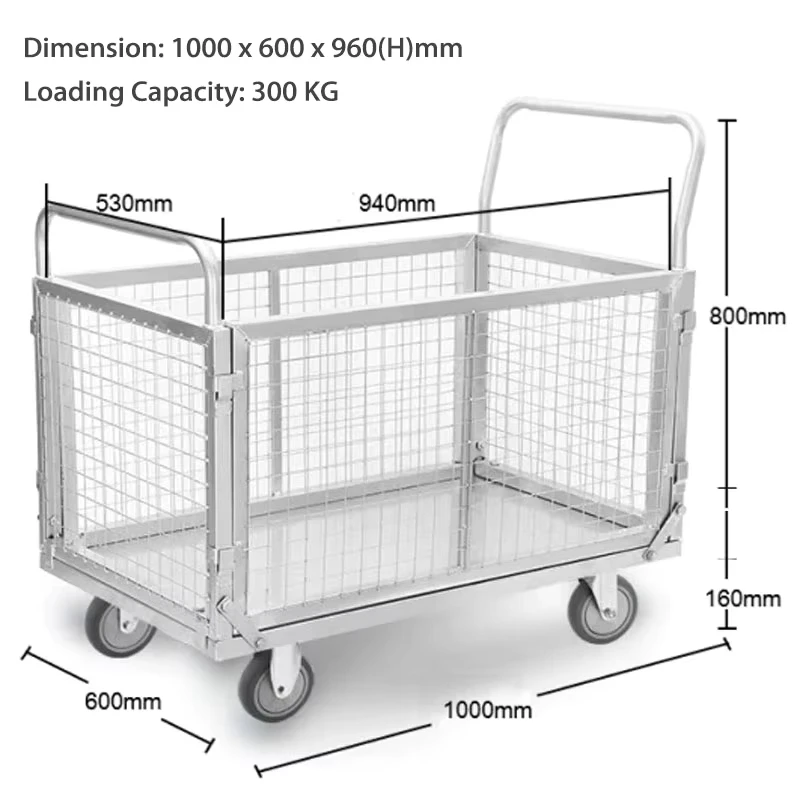 Q235 Steel Roll Cage Trolley OEM Powder Coated Hand Trolley Logistics Moving Trolley Removable Side 300kg Cargo Storage