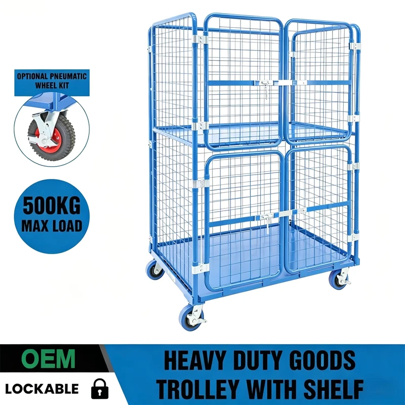 RGT 01 Steel Foldable 2-Tier Goods Trolley 500kg Heavy Duty Collapsible Storage Cage with Foldable Upper Shelf