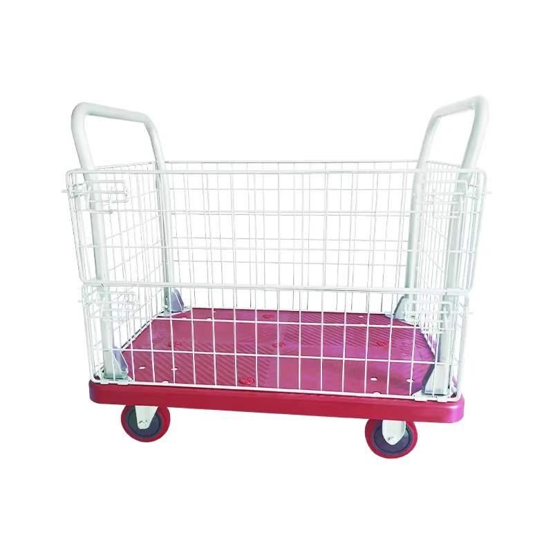 Red Plastic Four Wheel 90x60cm Turnover Removable Storage Cart with Grid Fence Industrial Use 300KG Capacity