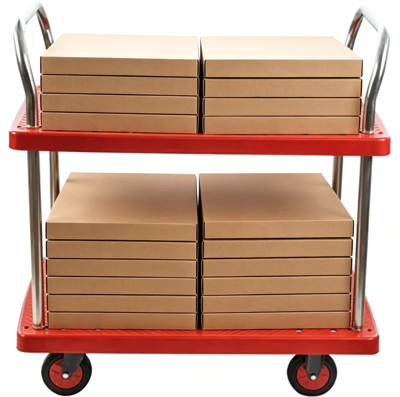 Red Plastic Four Wheel Platform Trolley with 2 Tiers for Warehouse and Shopping Use Industrial Tool Cart Factory Supplier