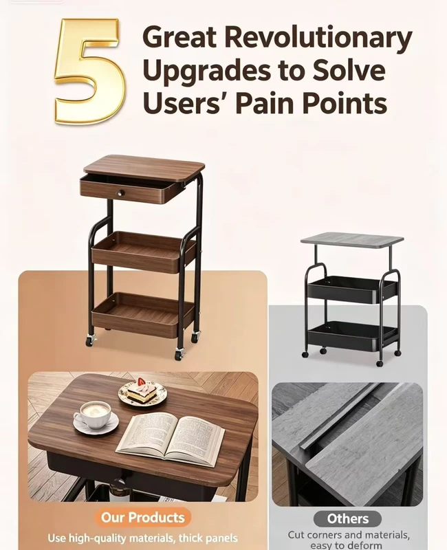 Removable Drawer Storage Rack Table Cart Living Room Sofa Bedroom Storage Baskets Metal Lacquer Three Layer Steel Powder Coated