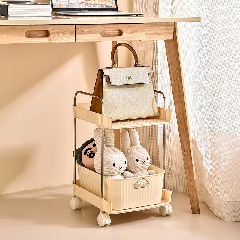 Removable Wheel Plastic Foldable Three Layer Portable Schoolbag Storage Rack Kitchen Bedroom Household Small Trolley Book Toy