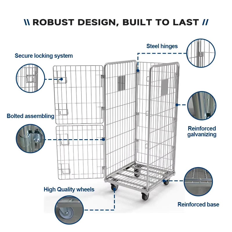 Roll Cage Heavy Duty Collapsible Steel Trolley Cart for Warehouse Storage Logistics Equipment 500kg Galvanized