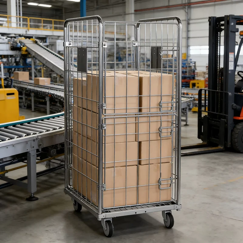 Roll Cage Medium Duty Five Hundred Load Capacity Galvanized Steel Mesh Industrial Transport Trolley Shopping Tools Use