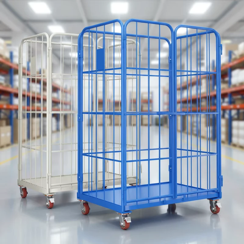 Roll Container Custom Foldable 500kgs Load Capacity Powder Coated Steel Roll Cage Trolley