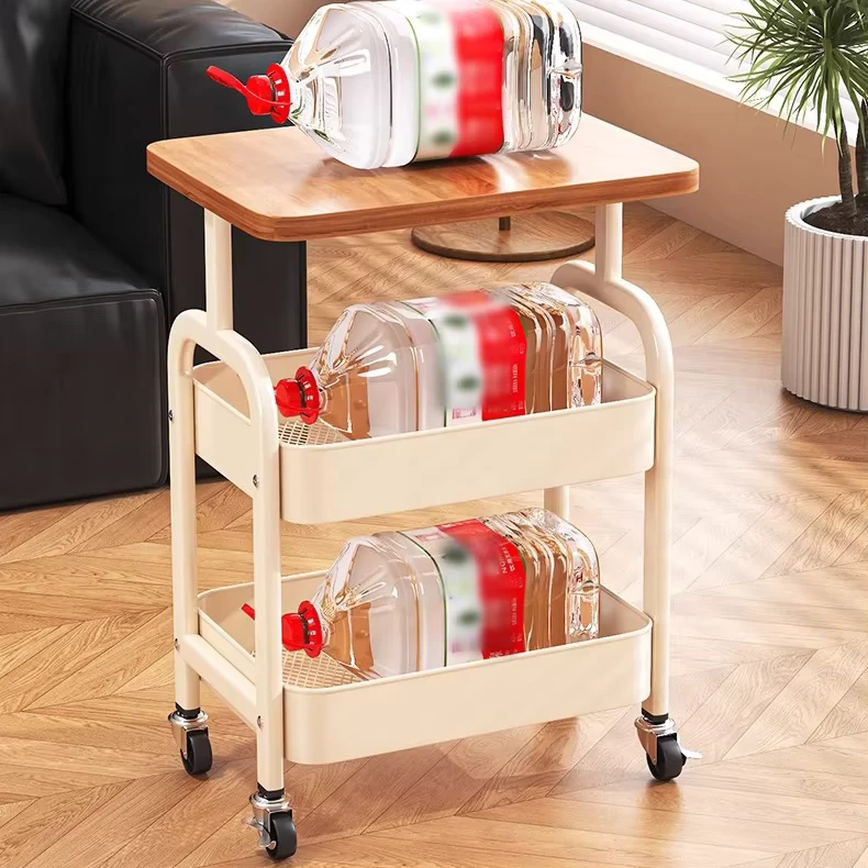 Rolling Cart with Wooden Tabletop 3 Tier Metal Utility Cart Rolling Storage Organizer Cart with Lockable Wheels for Kitchen