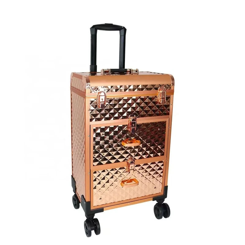 Rolling Makeup Train Case Professional Cosmetology Case on Wheels Aluminum Cosmetic Trolley Travelling Cart Trunk for Stylist