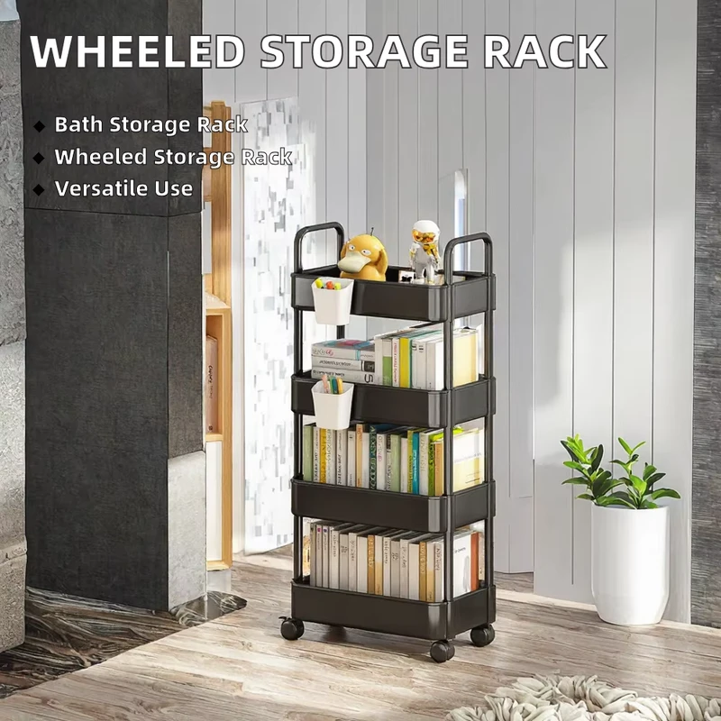 Rolling Plastic Utility Cart with Wheels 2 Tier Mobile Storage Trolley Modern Kitchen Bathroom Organizer Shelf Furniture
