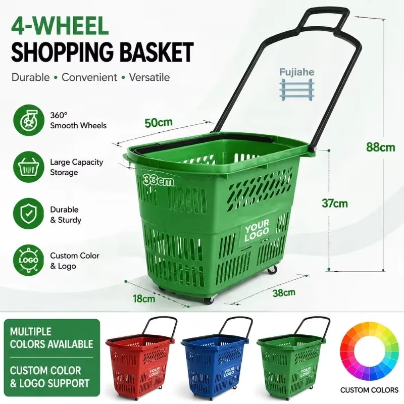 Rolling Shopping Basket with Wheels Heavy Duty Plastic Trolley for Supermarket Household Storage Basket Grocery Cart